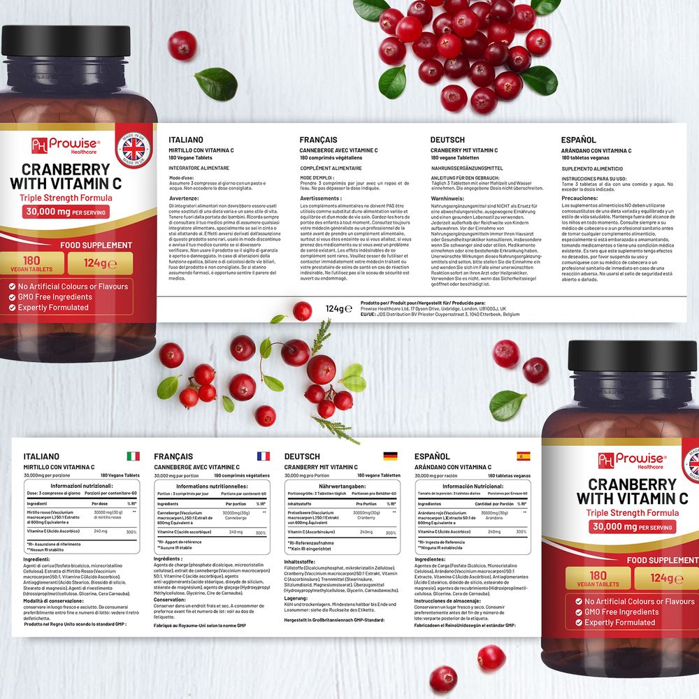 Prowise Cranberry 30,000mg Equivalent & Vitamin C – 180 Tablets – bottle labels and multilingual ingredient panels