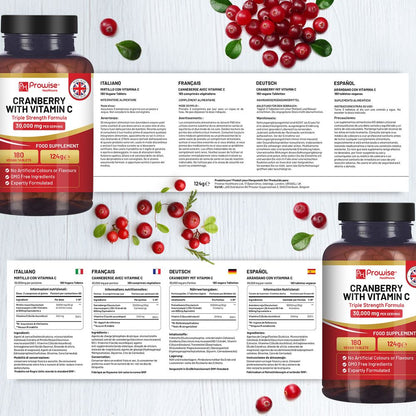 Prowise Cranberry 30,000mg Equivalent & Vitamin C – 180 Tablets – bottle labels and multilingual ingredient panels