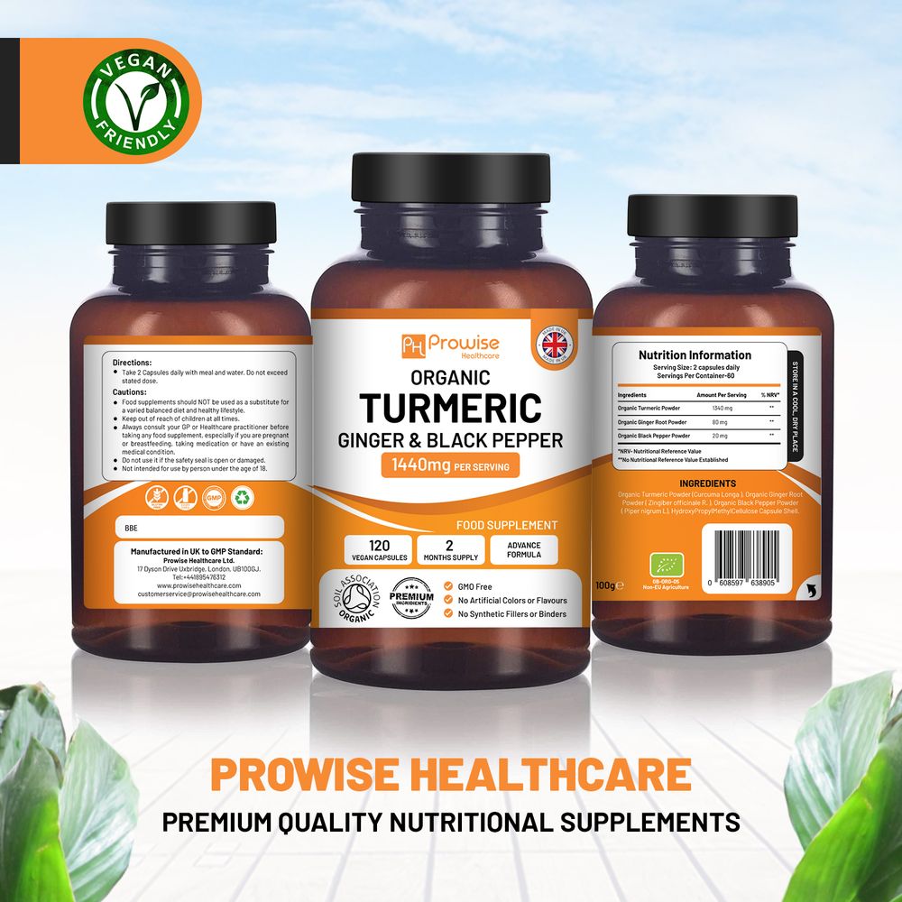 Prowise Organic Turmeric, Ginger & Black Pepper 1440mg – 120 Capsules – back labels with ingredients and serving amounts