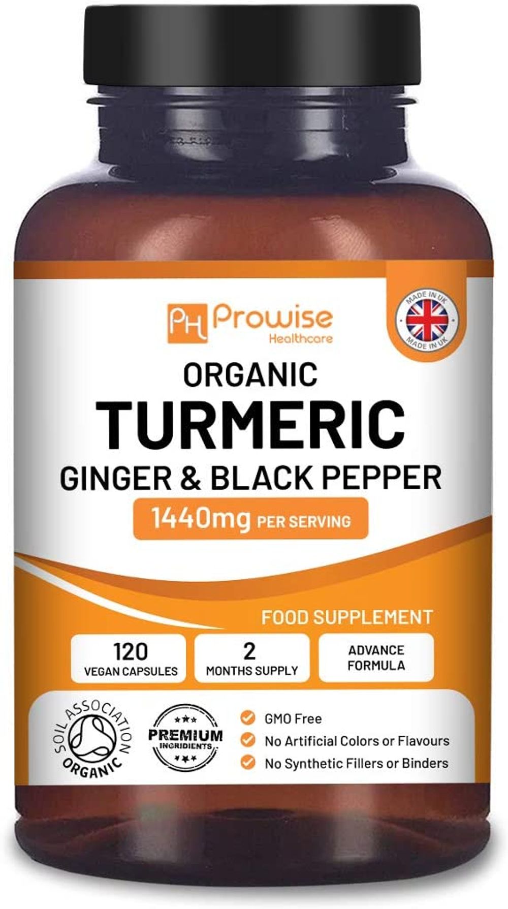 Prowise Organic Turmeric, Ginger & Black Pepper 1440mg – 120 Capsules – front of 120-capsule pack