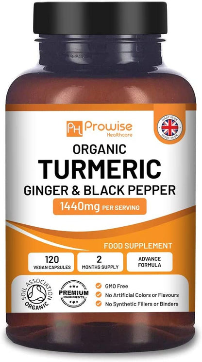 Prowise Organic Turmeric, Ginger & Black Pepper 1440mg – 120 Capsules – front of 120-capsule pack