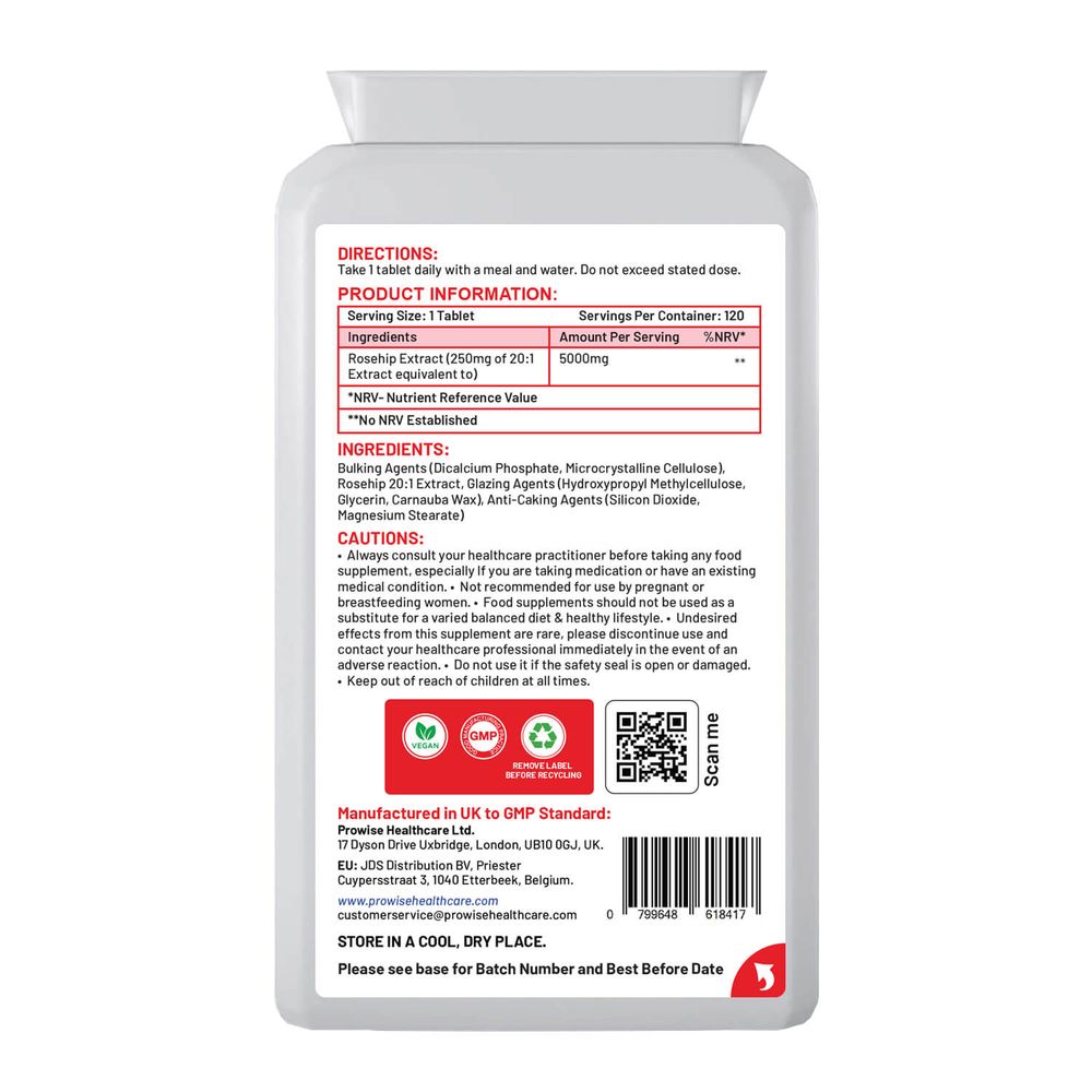 Prowise Rosehip 5000mg Equivalent – 120 Tablets – back label with ingredients and directions