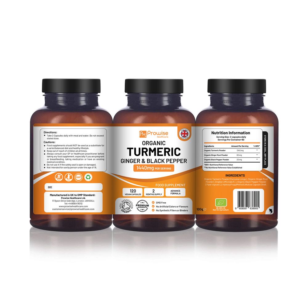 Prowise Organic Turmeric, Ginger & Black Pepper 1440mg – 120 Capsules – back labels with ingredients and directions