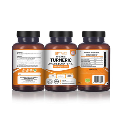 Prowise Organic Turmeric, Ginger & Black Pepper 1440mg – 120 Capsules – back labels with ingredients and directions