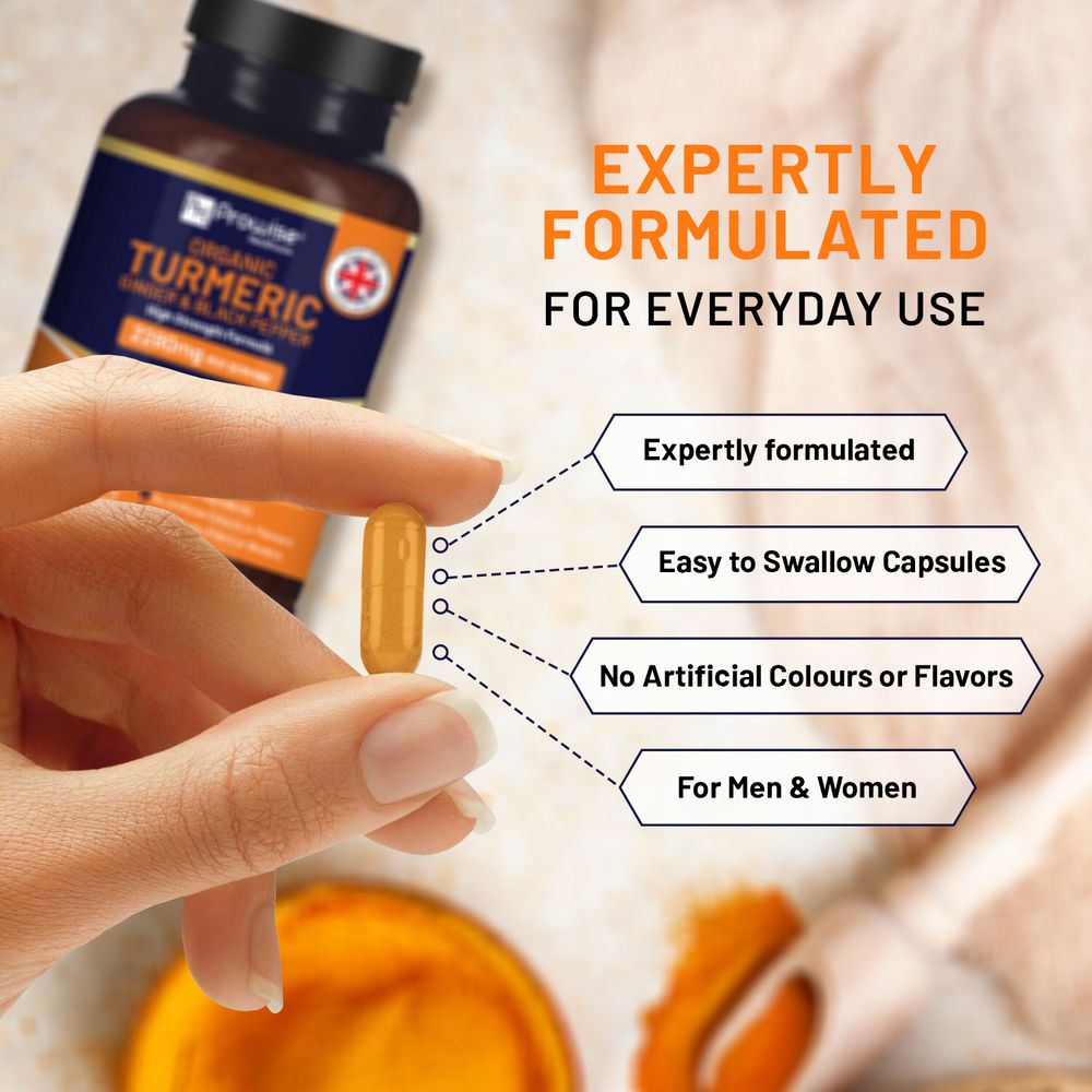 Prowise Healthcare Organic Turmeric, Ginger & Black Pepper – 180 Capsules – capsule held beside the bottle