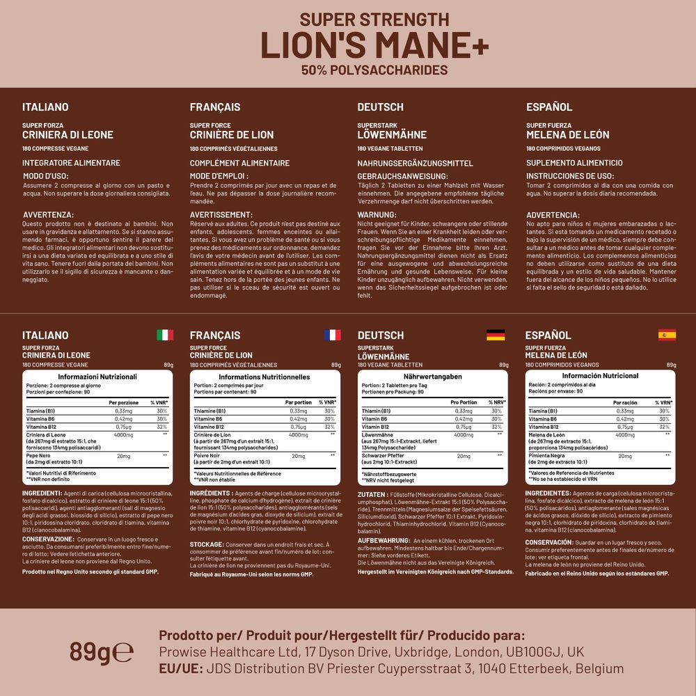 Prowise Lion’s Mane with B Vitamins – 180 Tablets – multilingual ingredient and serving panels