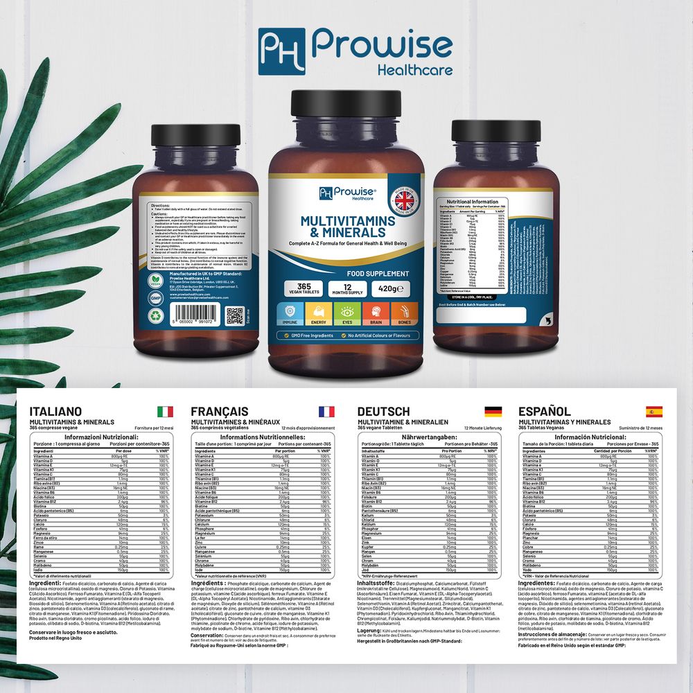 Prowise A–Z Multivitamins & Minerals – 365 Tablets – bottle labels and multilingual ingredient panels