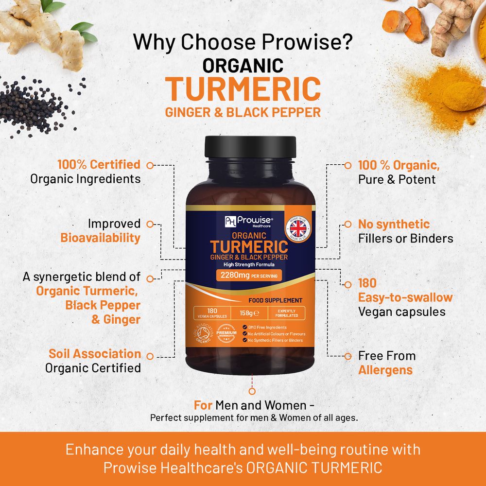 Prowise Healthcare Organic Turmeric, Ginger & Black Pepper – 180 Capsules – turmeric, ginger and black pepper product graphic