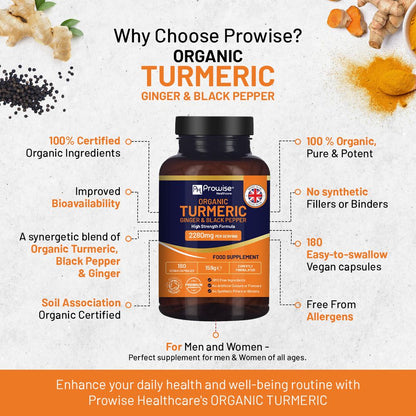 Prowise Healthcare Organic Turmeric, Ginger & Black Pepper – 180 Capsules – turmeric, ginger and black pepper product graphic