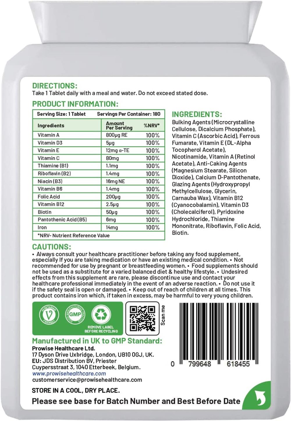 Prowise Multivitamin & Iron – 180 Tablets – back label with ingredients and nutrient amounts