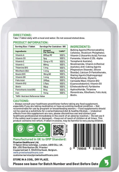 Prowise Multivitamin & Iron – 180 Tablets – back label with ingredients and nutrient amounts