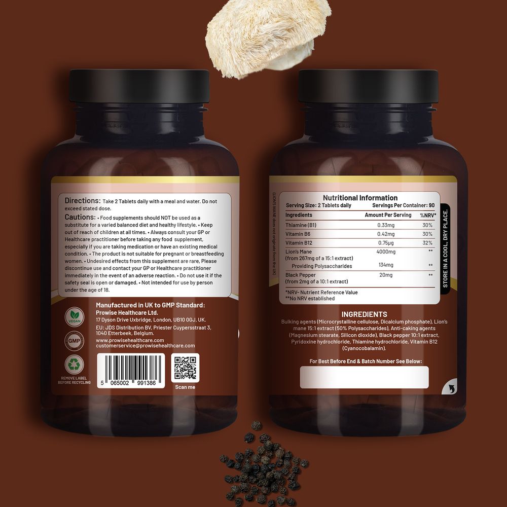 Prowise Lion’s Mane with B Vitamins – 180 Tablets – bottle labels with ingredients and nutrient amounts