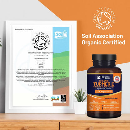 Prowise Healthcare Organic Turmeric, Ginger & Black Pepper – 180 Capsules – organic certification and bottle graphic