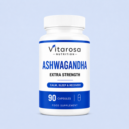 Vitarosa Ashwagandha High Strength 90 Capsules bottle for calm sleep and focus support