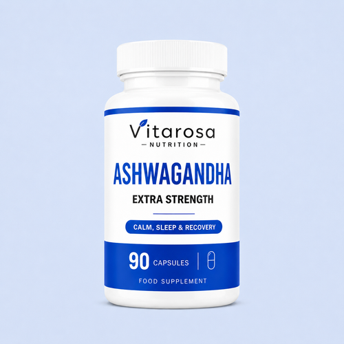 Vitarosa Ashwagandha High Strength 90 Capsules bottle for calm sleep and focus support