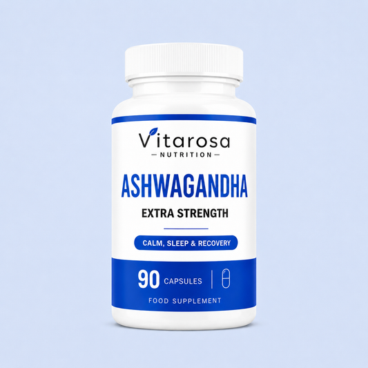 Vitarosa Ashwagandha High Strength 90 Capsules bottle for calm sleep and focus support