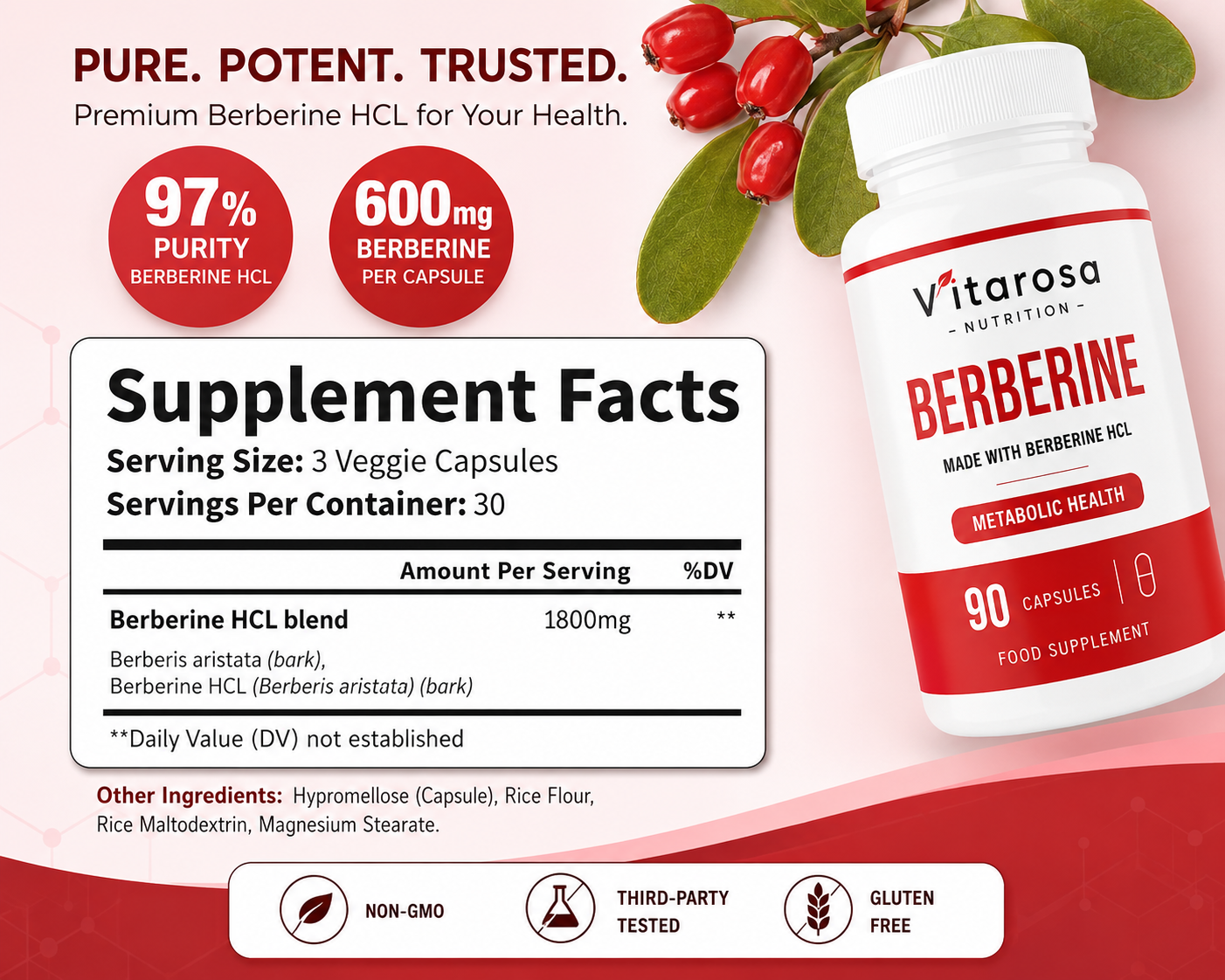 Vitarosa Berberine HCL 90 Capsules supplement facts with 600mg berberine per capsule