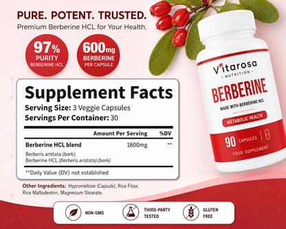 Vitarosa Berberine HCL 90 Capsules supplement facts with 600mg berberine per capsule