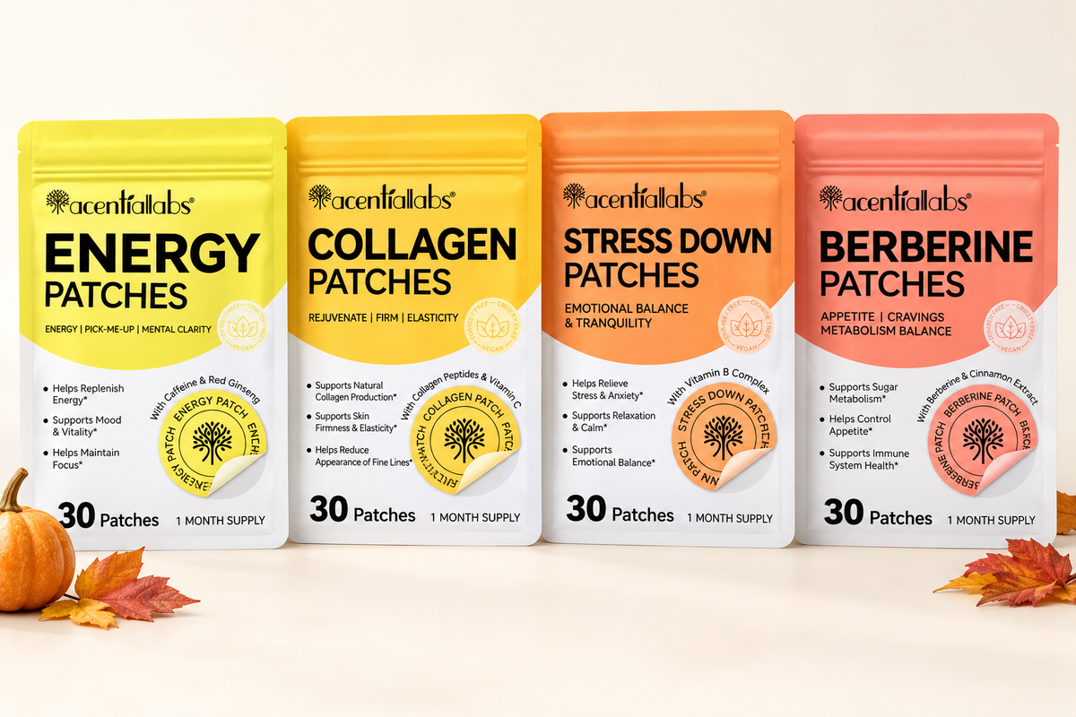 acentiallabs Energy, Collagen, Stress Down and Berberine patch packs with autumn decorations