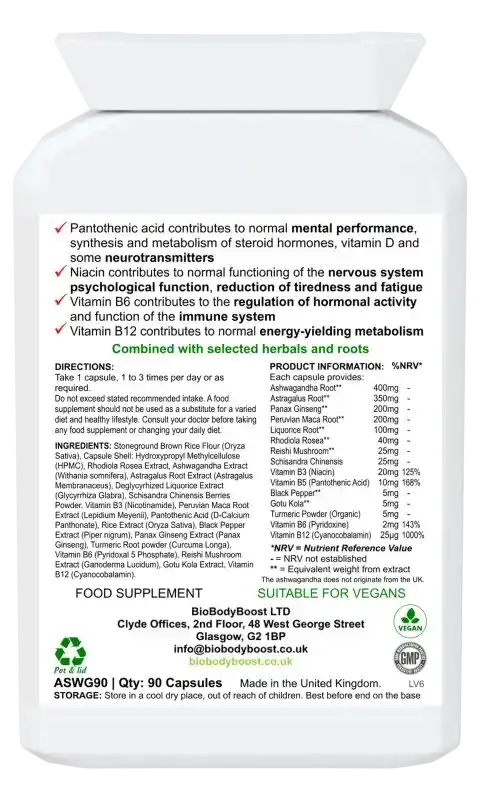 BioBodyBoost ZenBlend Ashwagandha & B Vitamin Complex – 90 Capsules – ingredients and directions label