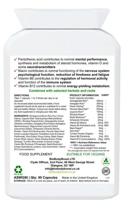 BioBodyBoost ZenBlend Ashwagandha & B Vitamin Complex – 90 Capsules – ingredients and directions label