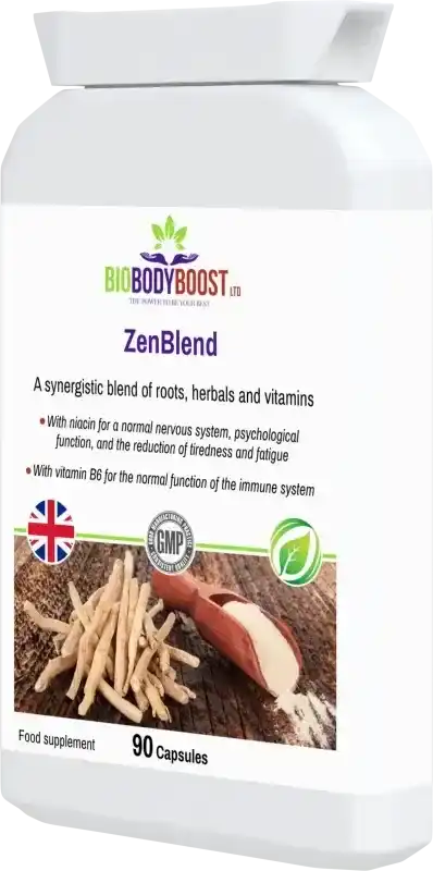 BioBodyBoost ZenBlend Ashwagandha & B Vitamin Complex – 90 Capsules – product packaging, view 3