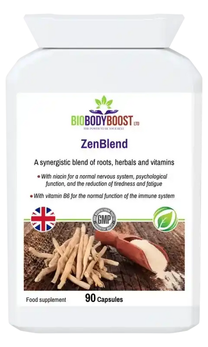 BioBodyBoost ZenBlend Ashwagandha & B Vitamin Complex – 90 Capsules – product packaging, view 1