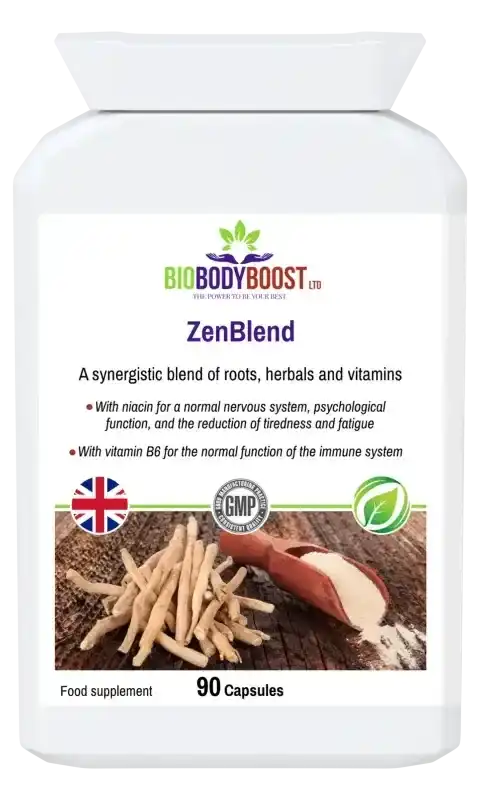 BioBodyBoost ZenBlend Ashwagandha & B Vitamin Complex – 90 Capsules – product packaging, view 1