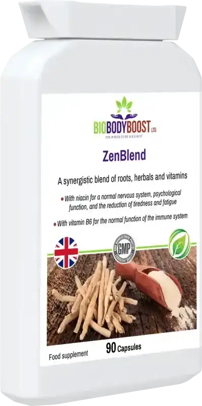 BioBodyBoost ZenBlend Ashwagandha & B Vitamin Complex – 90 Capsules – product packaging, view 4
