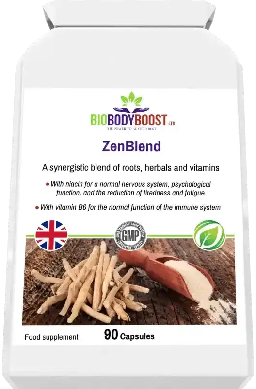BioBodyBoost ZenBlend Ashwagandha & B Vitamin Complex – 90 Capsules – product packaging, view 6