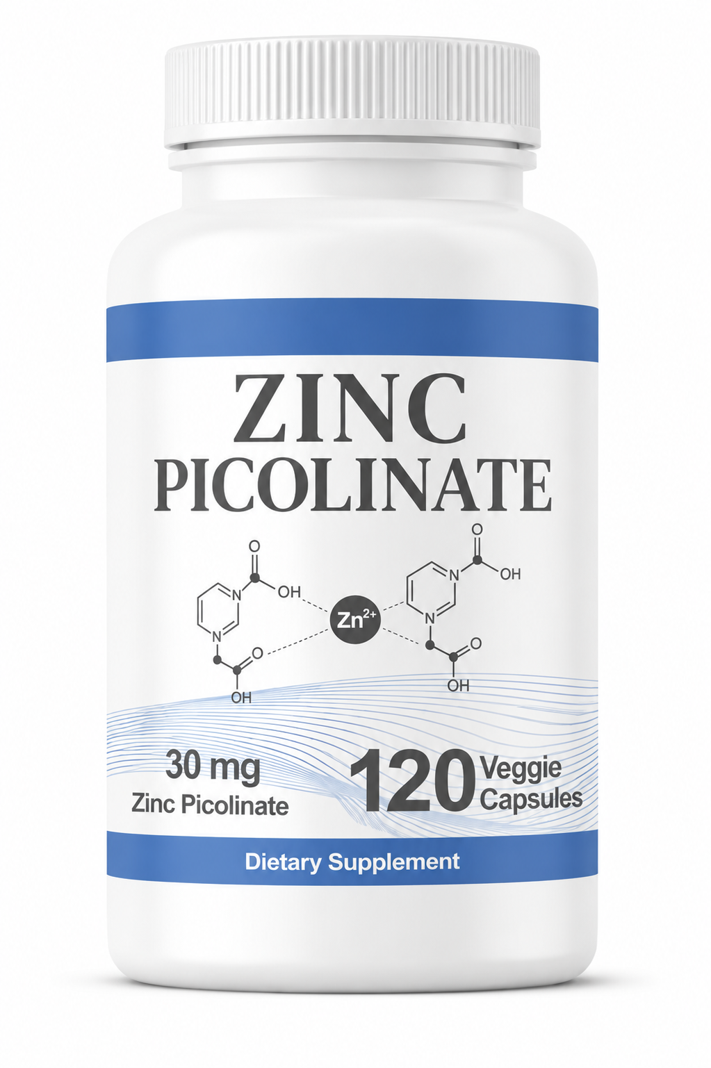Zinc Picolinate 30mg supplement bottle with 120 veggie capsules for immune support and skin health