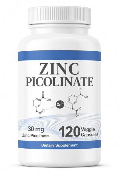 Zinc Picolinate 30mg supplement bottle with 120 veggie capsules for immune support and skin health