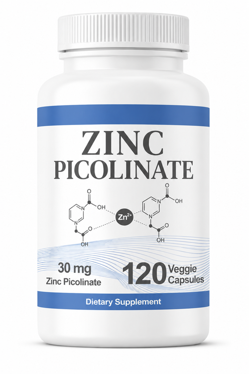 Zinc Picolinate 30mg supplement bottle with 120 veggie capsules for immune support and skin health