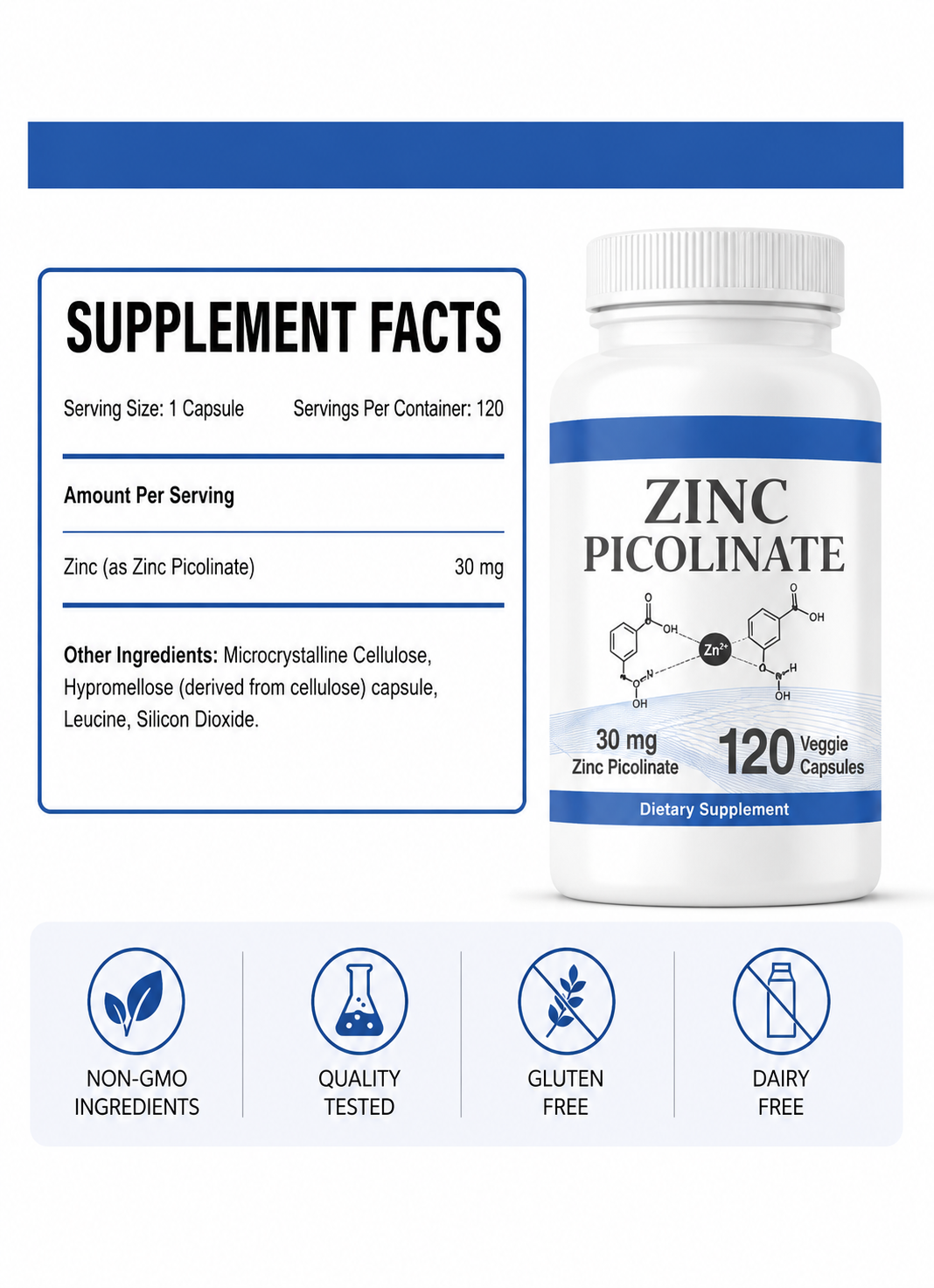 Supplement facts label for Zinc Picolinate 30mg capsules showing ingredients and nutrition information